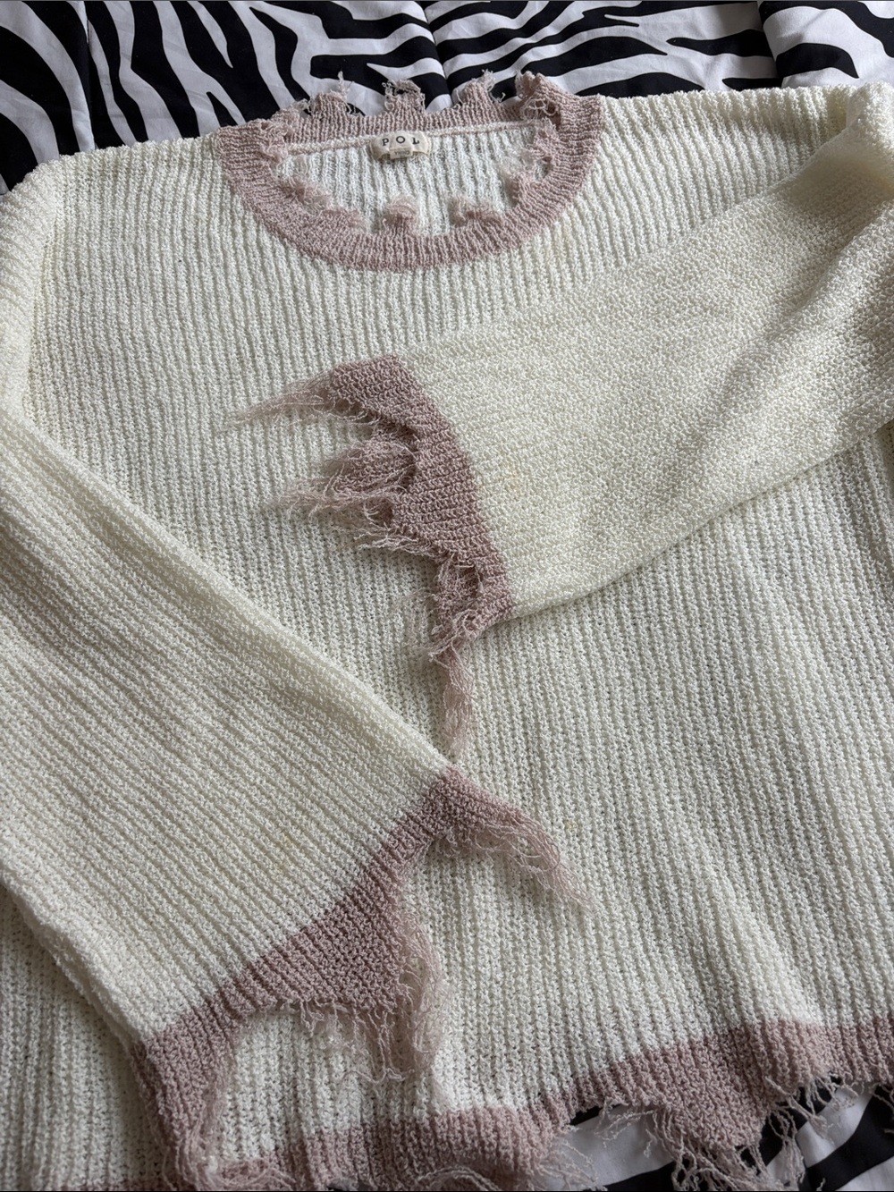 POL Cream Sweater with Dusty Pink Distressed Trim
